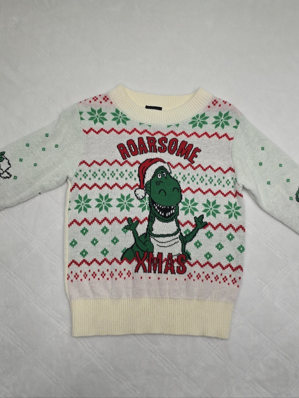 Disney's Toy Story Rex Cream, Green & Red Roarsome Dino Holiday Sweater